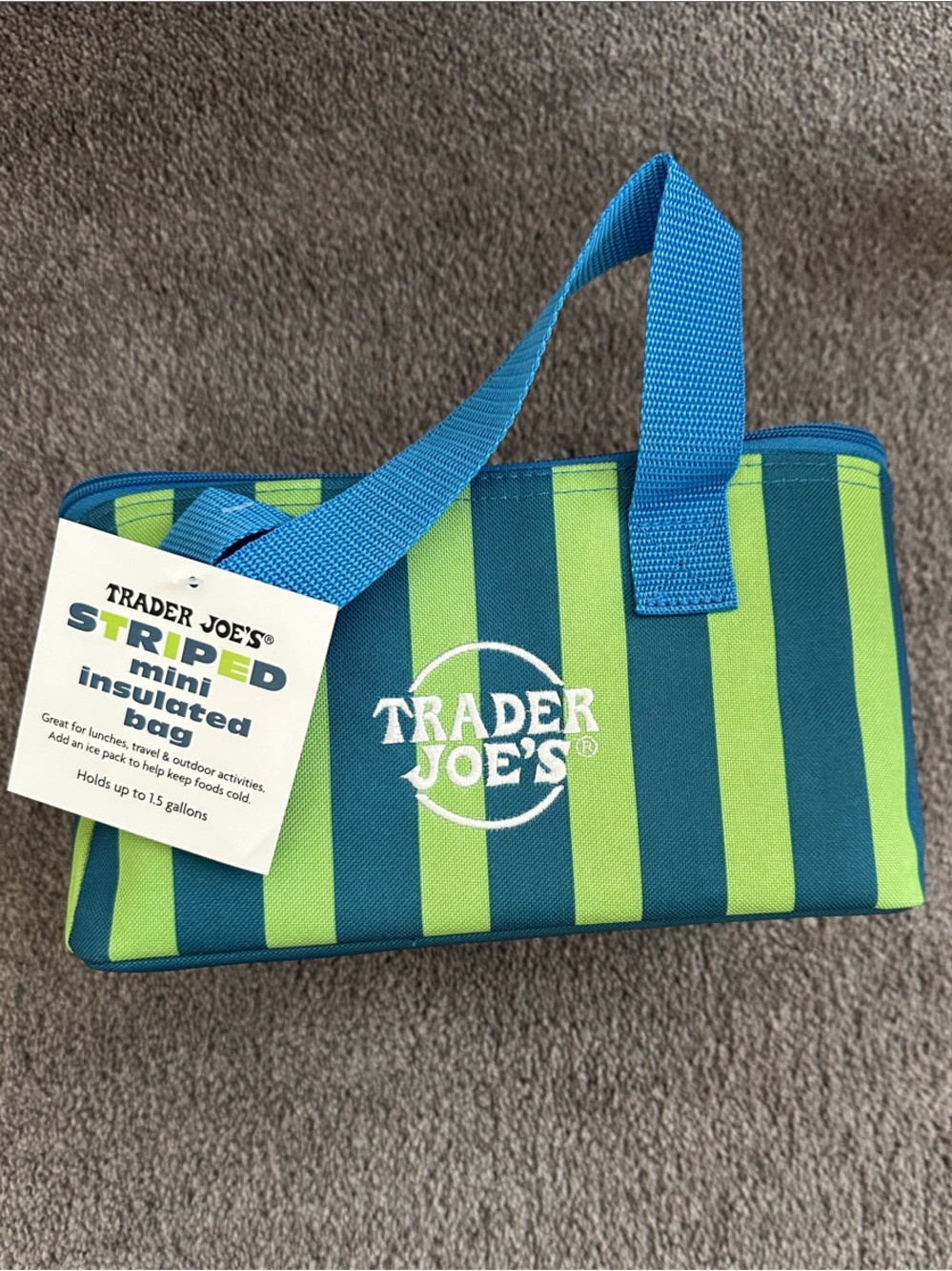 NWT Trader Joe's Striped Mini Insulated Bag - Blue & Lime Green